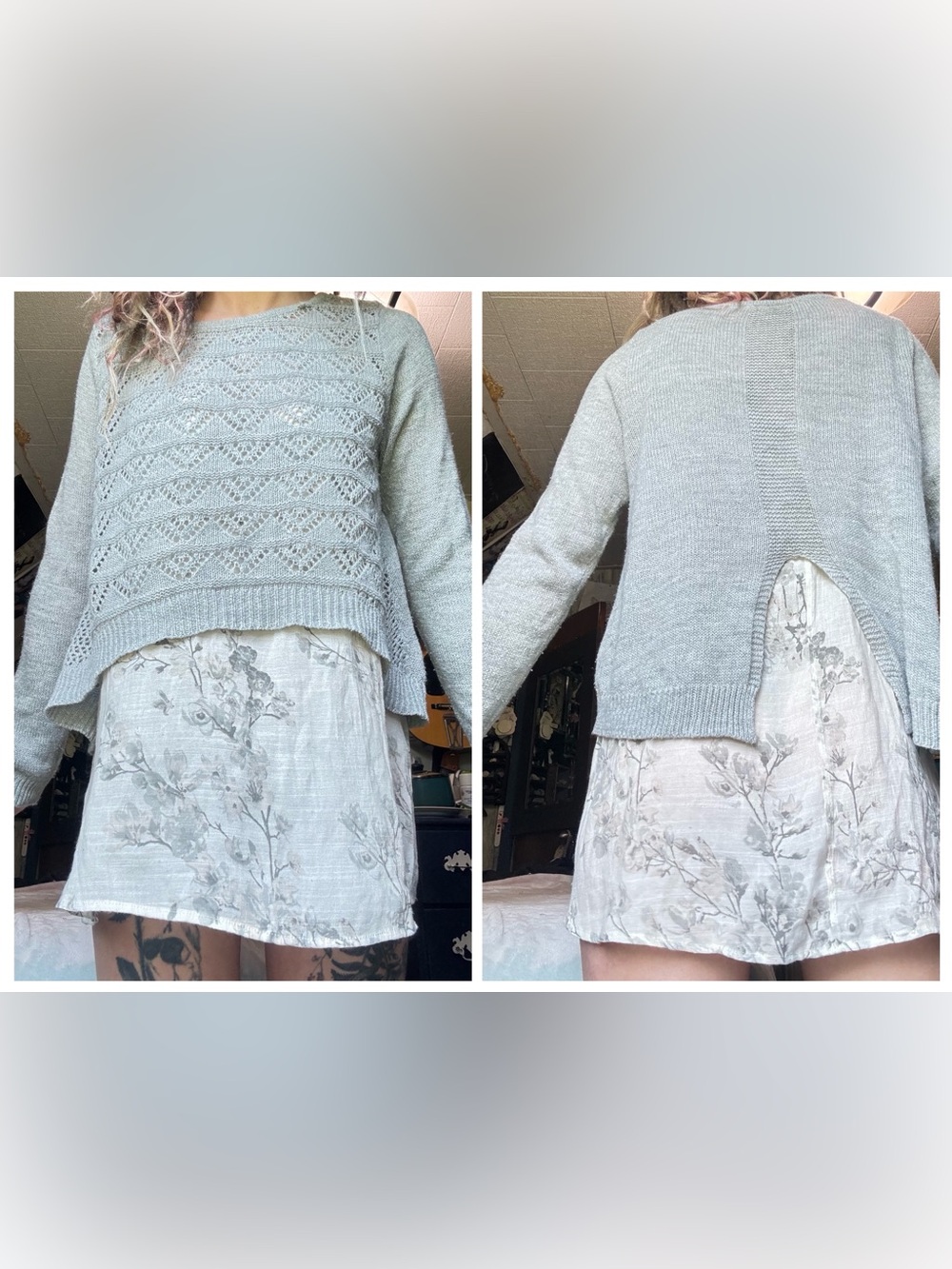 AB Studio Sage Green Lace-Panel Crewneck Sweater